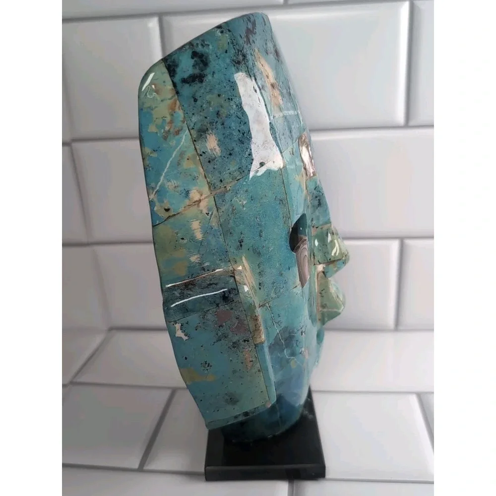 Vintage Art Sculpture Abalone Shell Pearl Mayan/Aztec Mask Blue Turquoise Displa